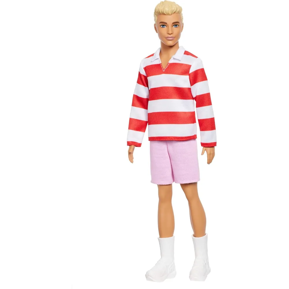 KEN BARBIE FASHIONISTAS MUÑECO RUBIO CAMISETA RAYAS ROJO