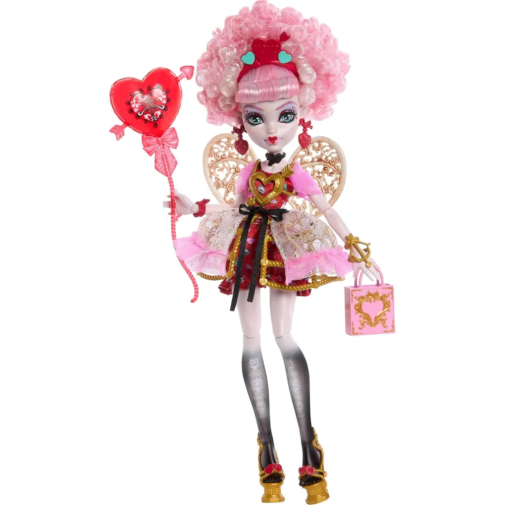 MONSTER HIGH CUPIDO ASTERIA MUÑECA CON VESTIDO ROSA Y ROJO Y ACCESORIOS DE FIESTA