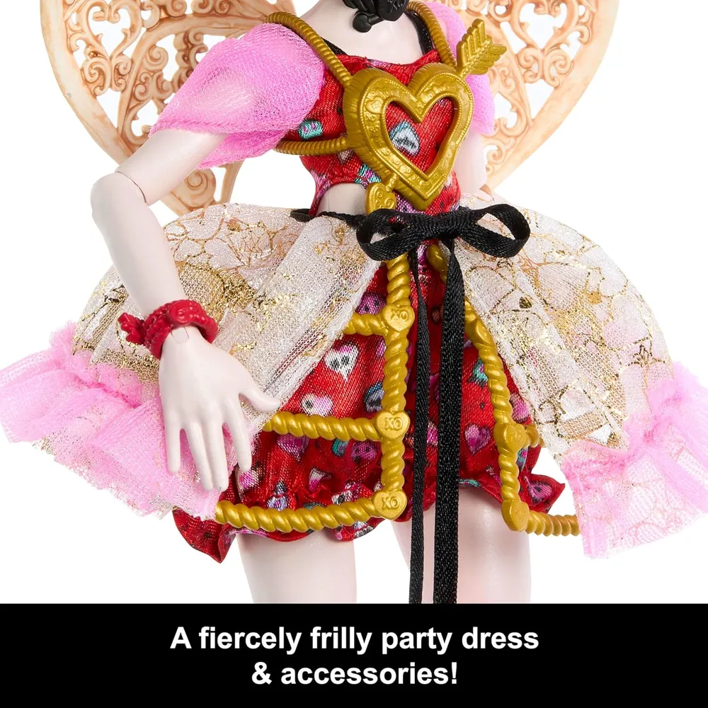MONSTER HIGH CUPIDO ASTERIA MUÑECA CON VESTIDO ROSA Y ROJO Y ACCESORIOS DE FIESTA