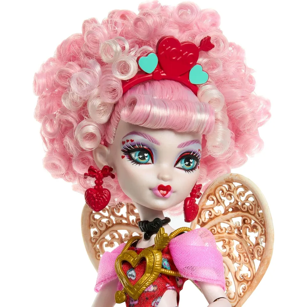 MONSTER HIGH CUPIDO ASTERIA MUÑECA CON VESTIDO ROSA Y ROJO Y ACCESORIOS DE FIESTA
