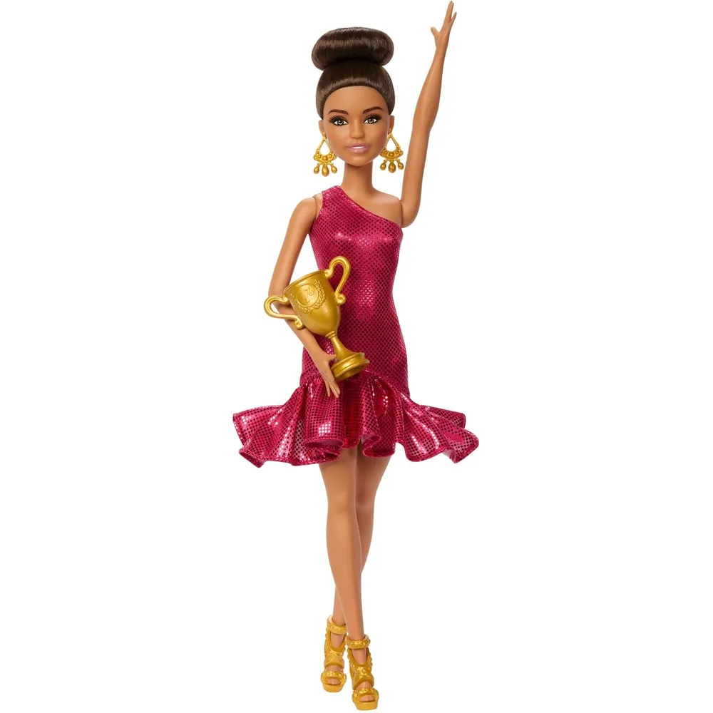 Barbie bailarina de salón, vestido rojo con volantes, zapatos y trofeo