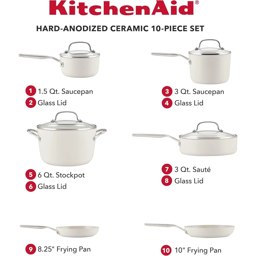 KitchenAid juego de ollas y sartenes 10 pzas, cerámica | Asas inoxidables