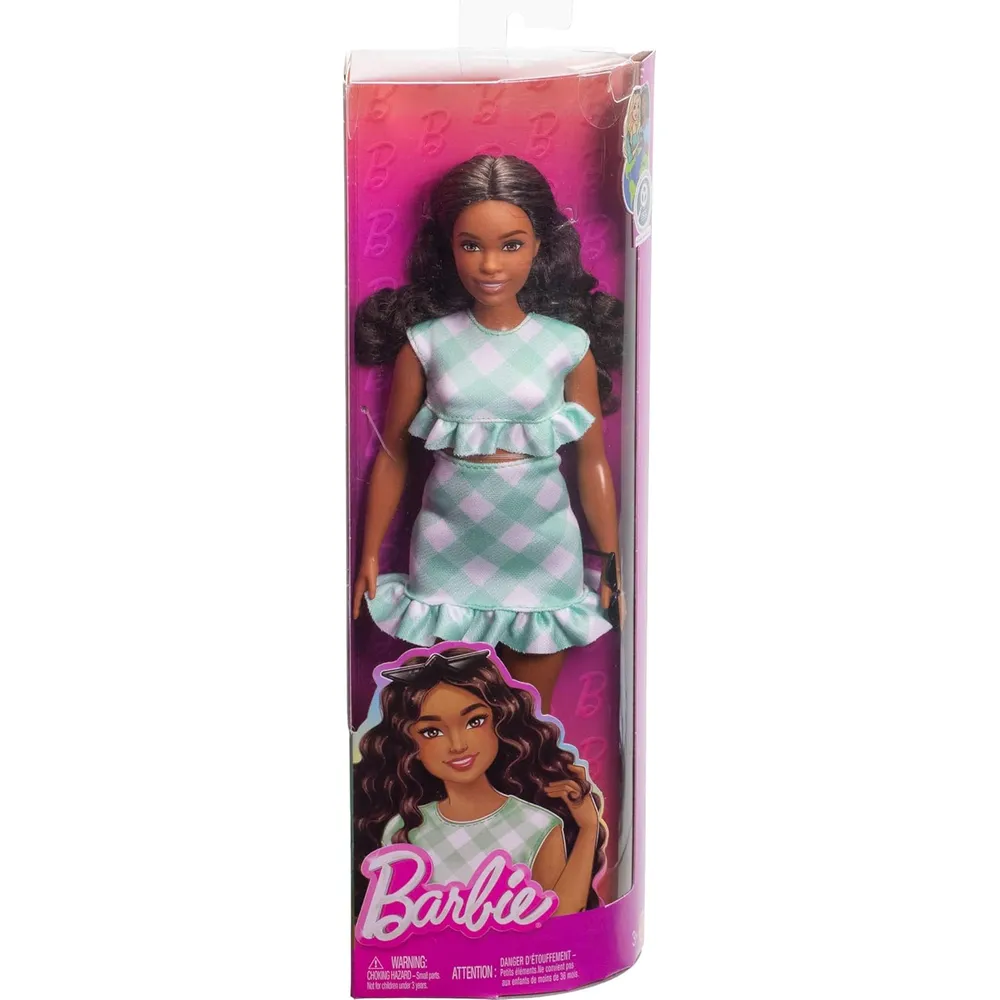 BARBIE FASHIONISTAS MUÑECA CABELLO CASTAÑO VESTIDO CUADROS