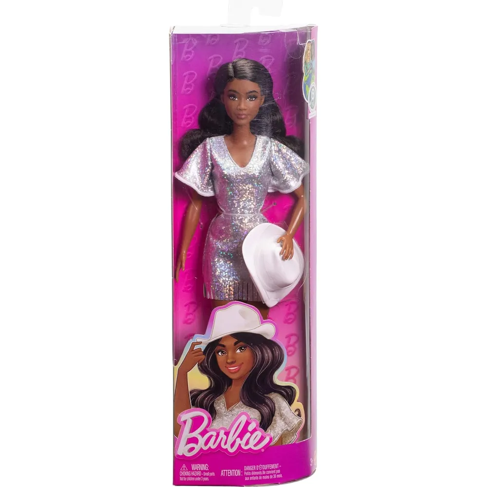 BARBIE FASHIONISTAS MUÑECA VESTIDO PLATEADO ESTILO VAQUERO