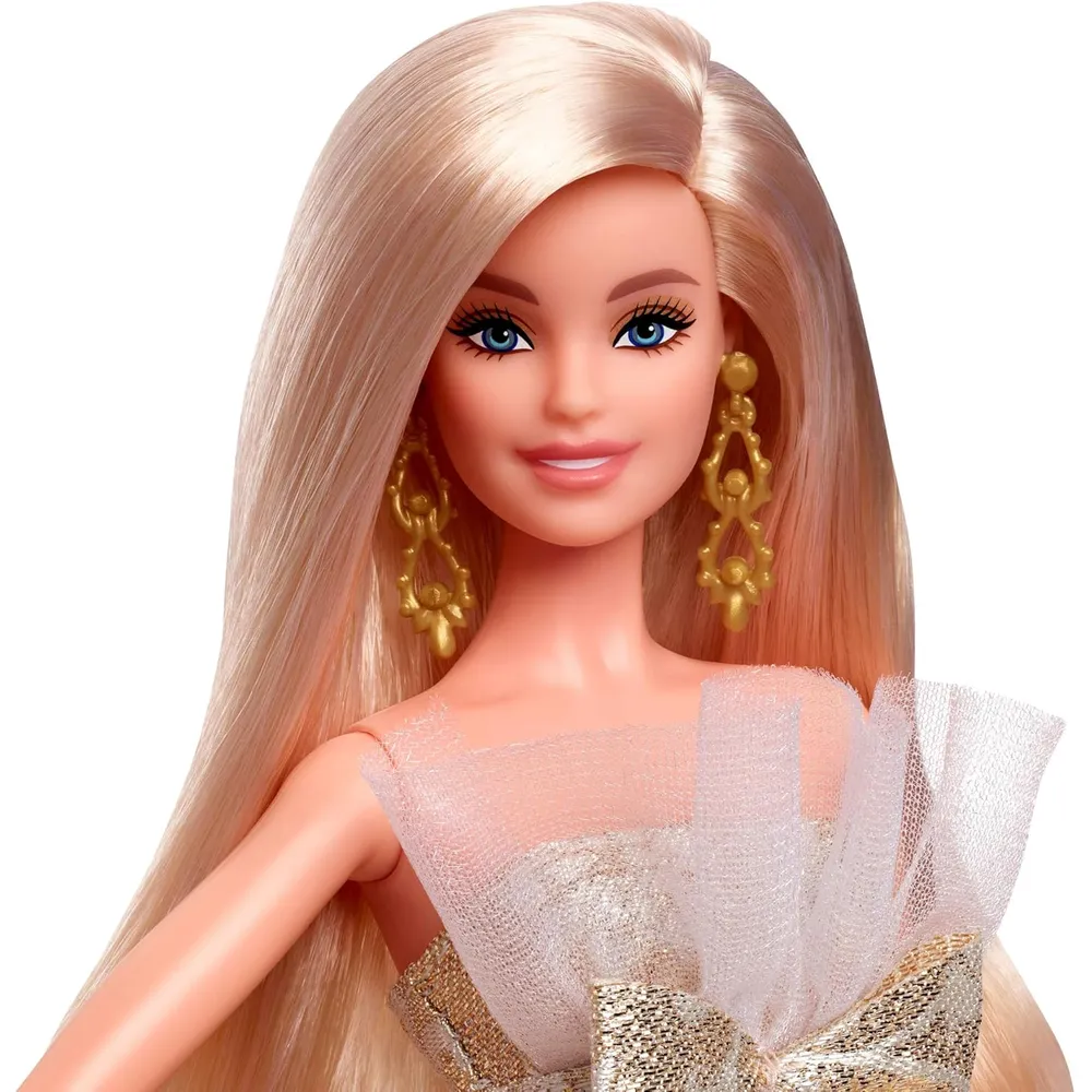 Barbie Moda navideña rubia vestido plateado dorado
