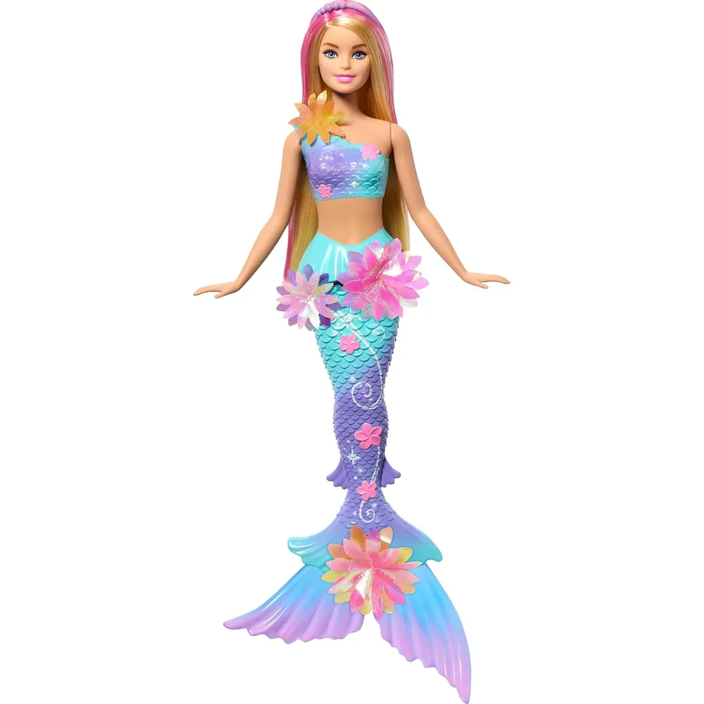 Barbie sirena rubia flores mágicas cola ombré diadema