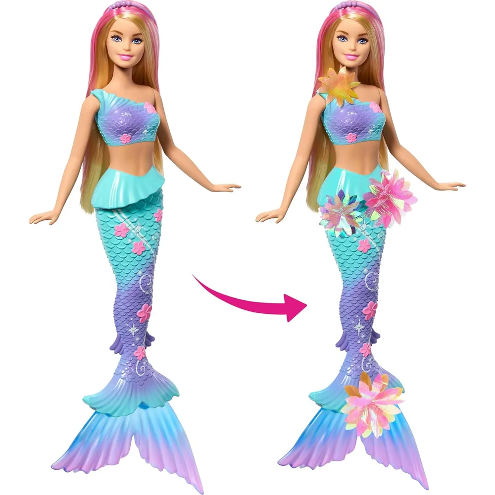 Barbie sirena rubia flores mágicas cola ombré diadema