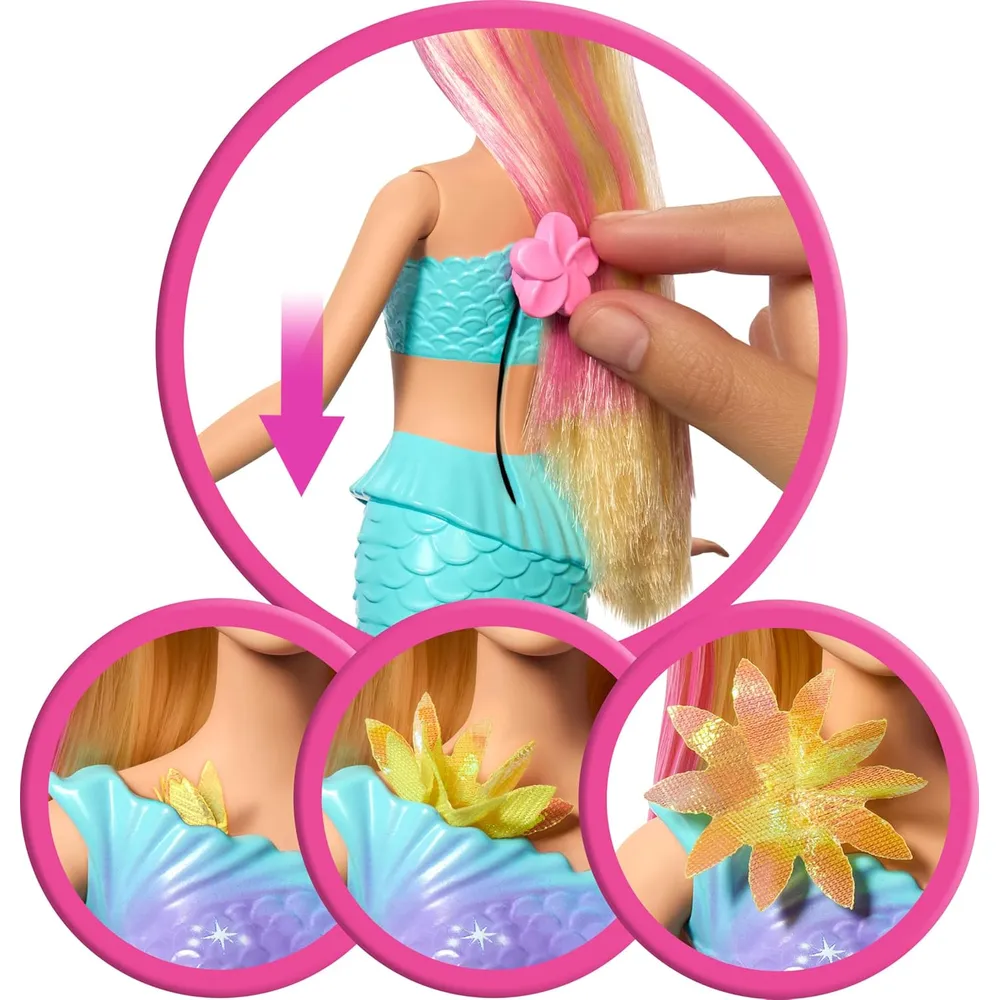 Barbie sirena rubia flores mágicas cola ombré diadema