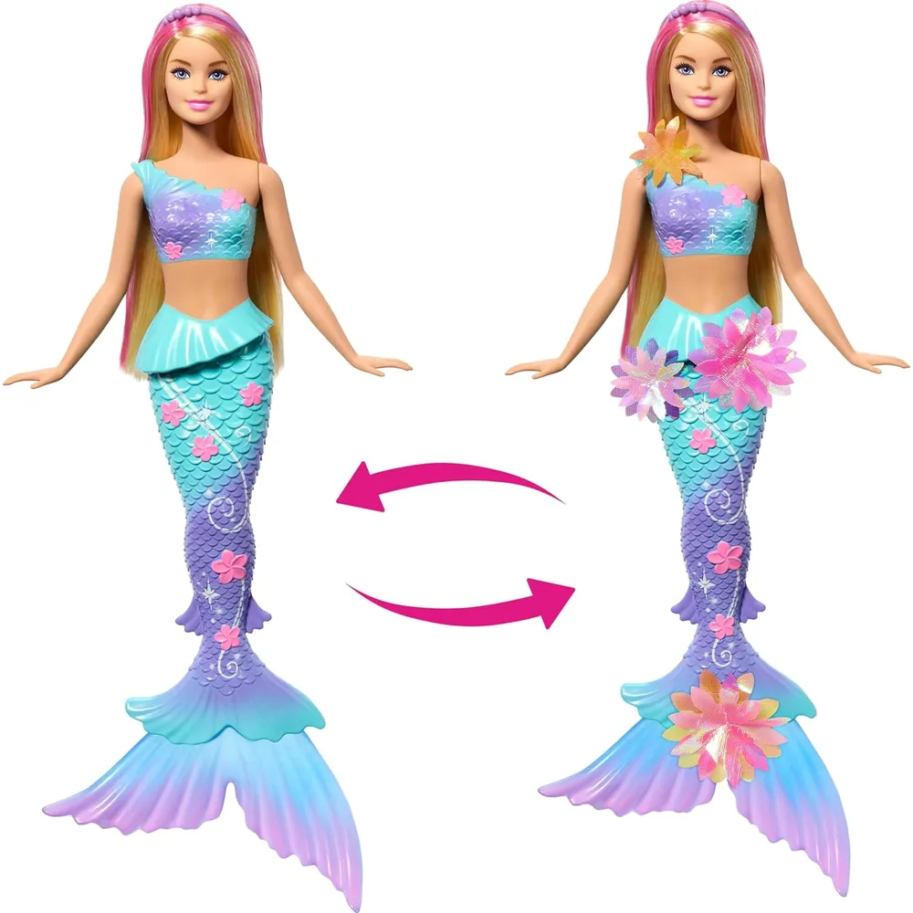 Barbie sirena rubia flores mágicas cola ombré diadema
