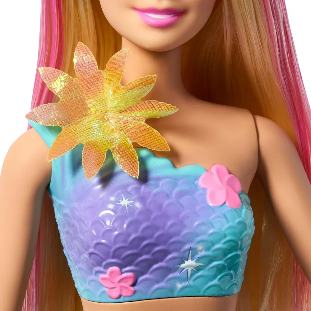 Barbie sirena rubia flores mágicas cola ombré diadema