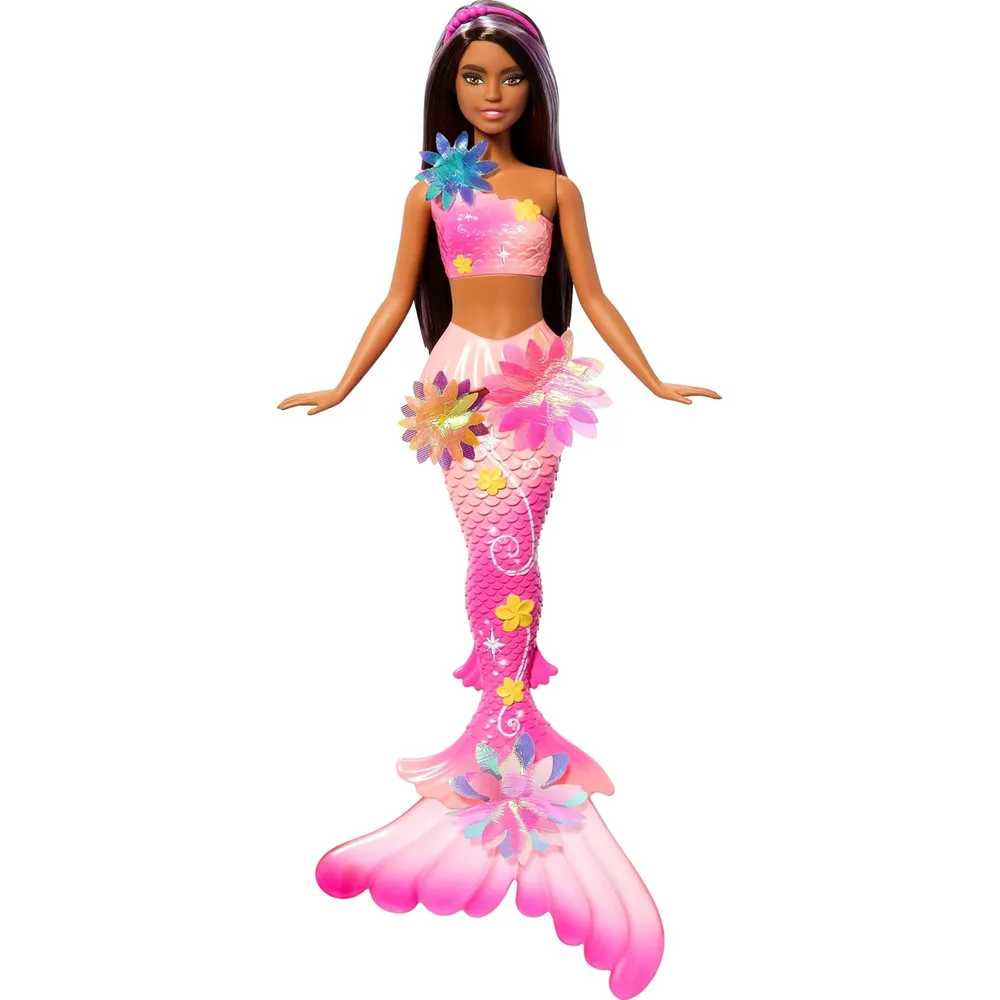 Barbie sirena castaña flores mágicas cola ombré diadema