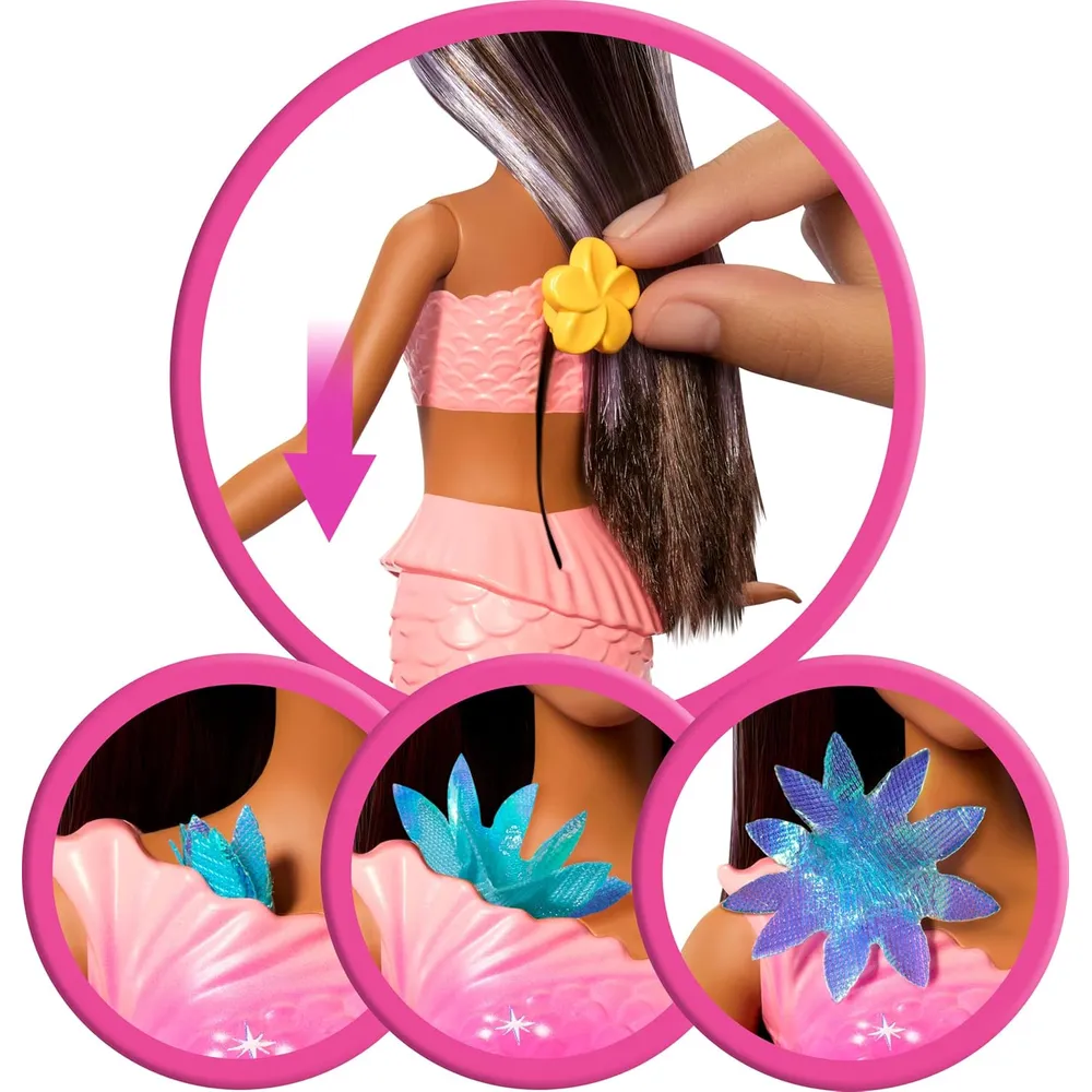 Barbie sirena castaña flores mágicas cola ombré diadema