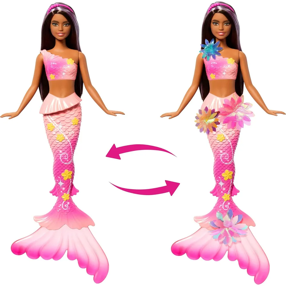 Barbie sirena castaña flores mágicas cola ombré diadema