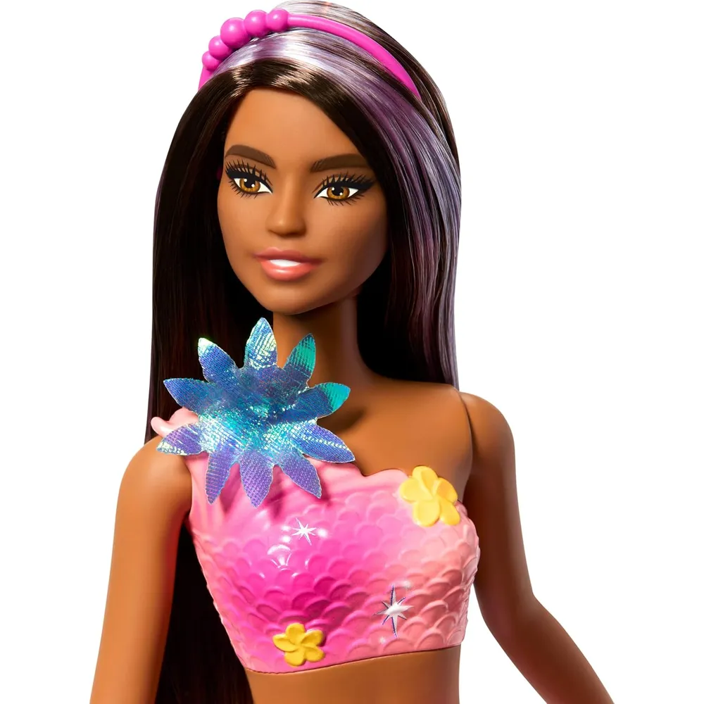 Barbie sirena castaña flores mágicas cola ombré diadema