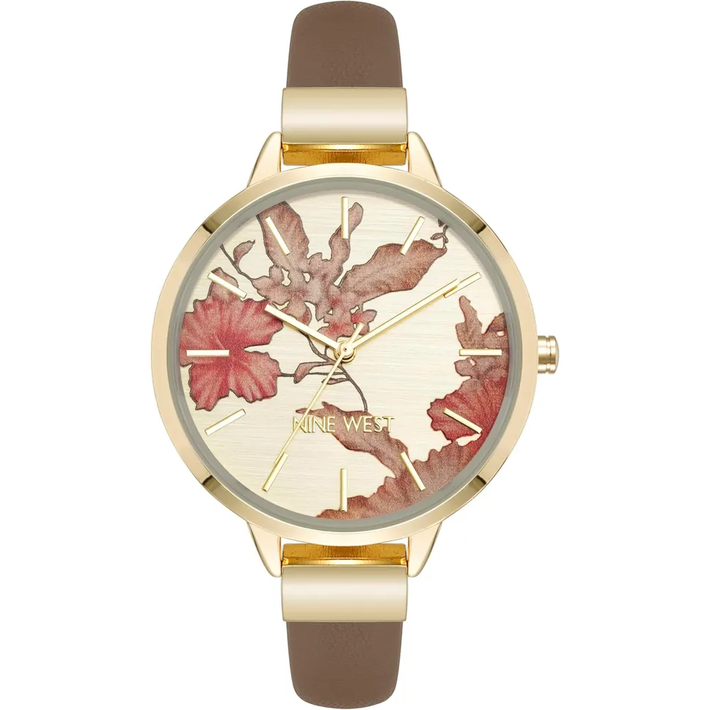 Nine West NW-2044FLBY reloj con esfera decorada y correa lisa para mujer | 38 mm - Beige Bronceado