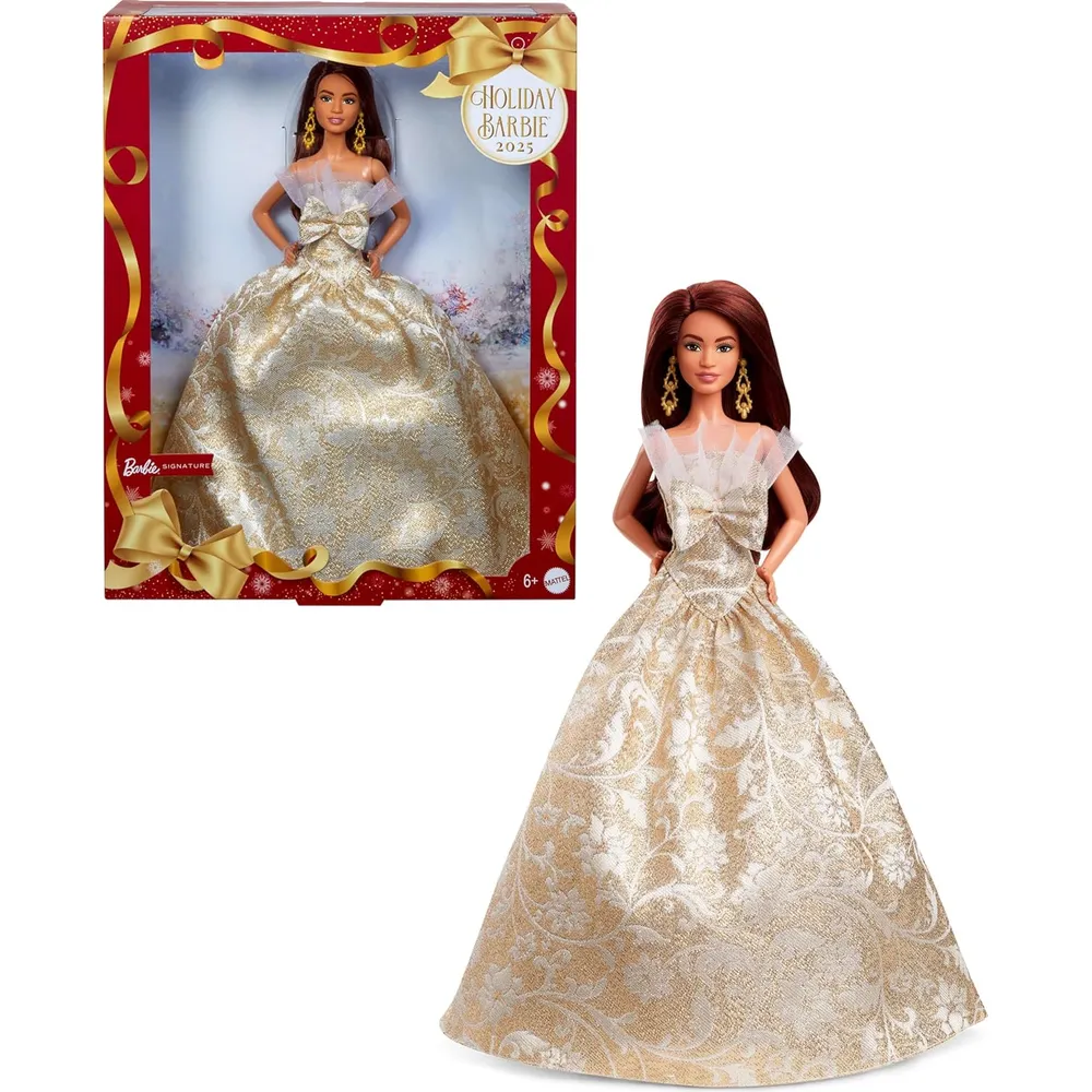 Barbie Moda navideña castaña vestido plateado dorado