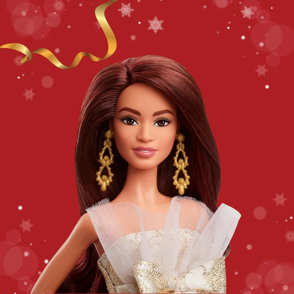 Barbie Moda navideña castaña vestido plateado dorado