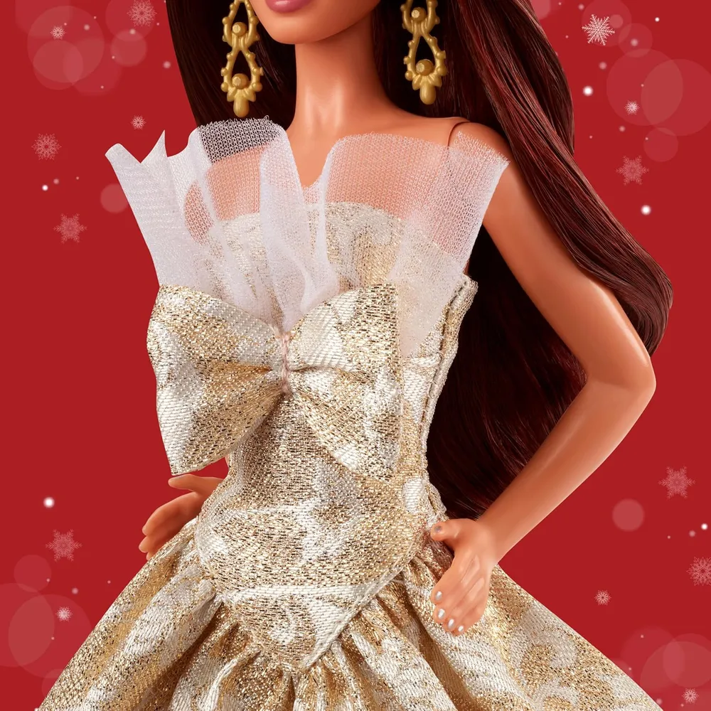 Barbie Moda navideña castaña vestido plateado dorado