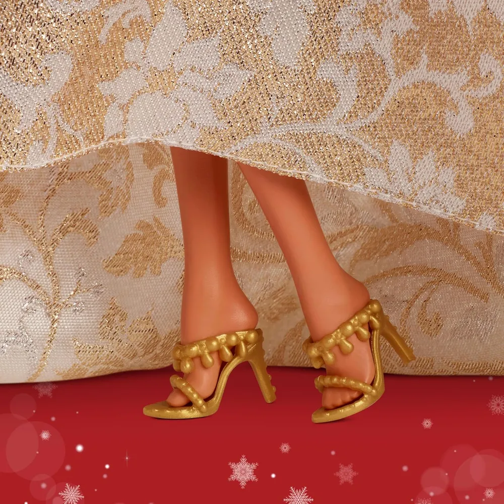 Barbie Moda navideña castaña vestido plateado dorado