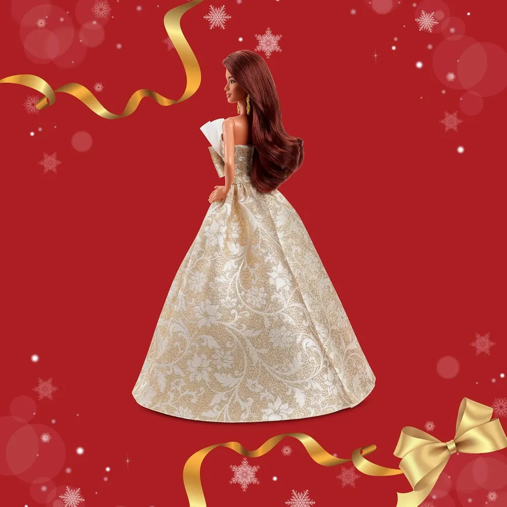 Barbie Moda navideña castaña vestido plateado dorado