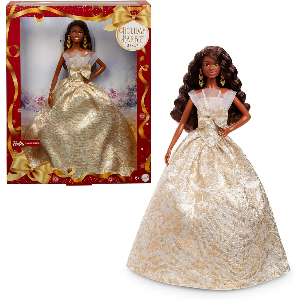 Barbie Moda navideña 2025 cabello negro vestido plateado dorado