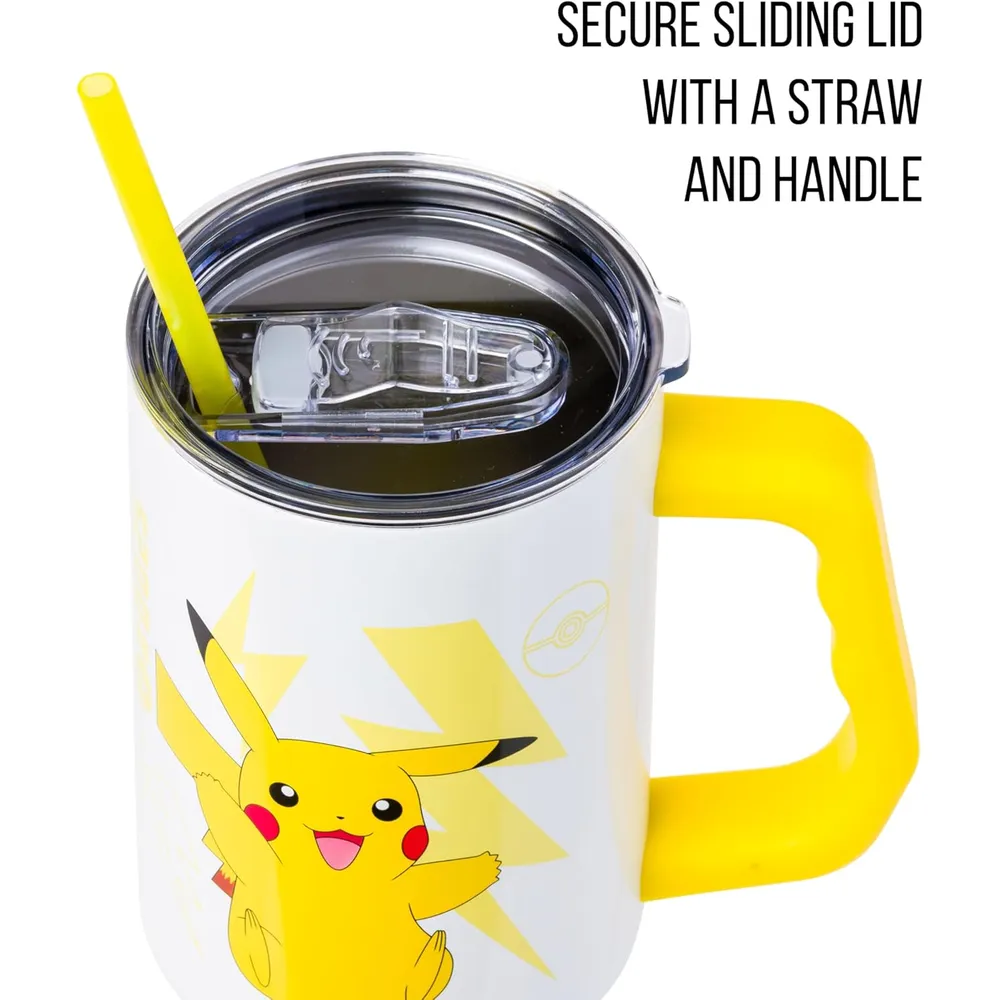 Pokemon | Vaso de acero inóxidable con asa y pajita de 40 OZ | Pikachu Yellow White