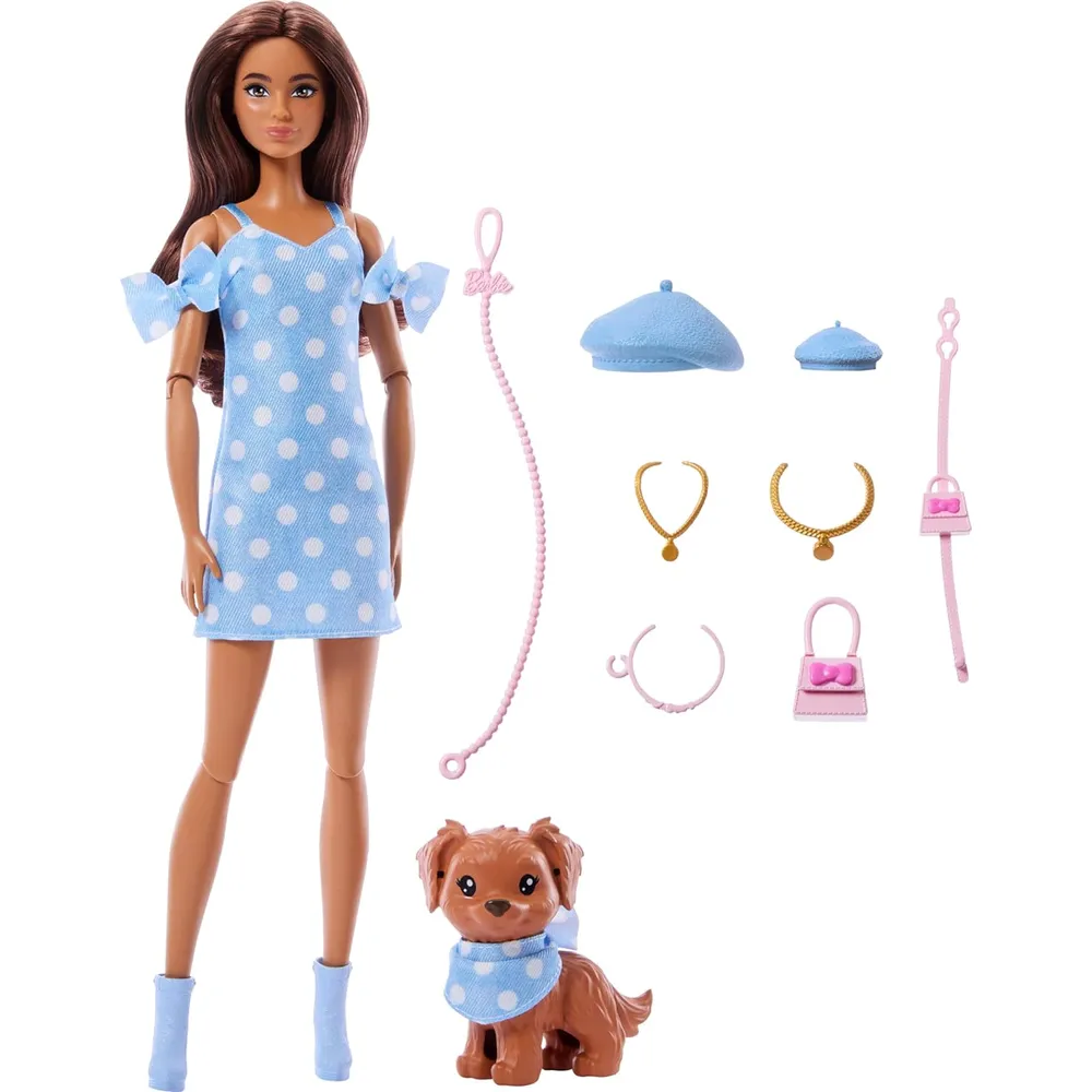 BARBIE MUÑECA GEMELA CON PERRO LUNARES AZULES