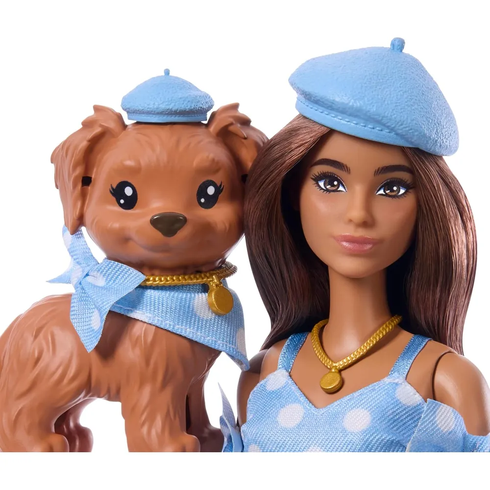 BARBIE MUÑECA GEMELA CON PERRO LUNARES AZULES