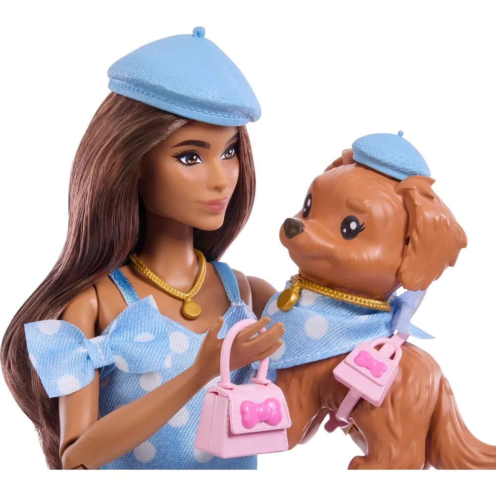 BARBIE MUÑECA GEMELA CON PERRO LUNARES AZULES