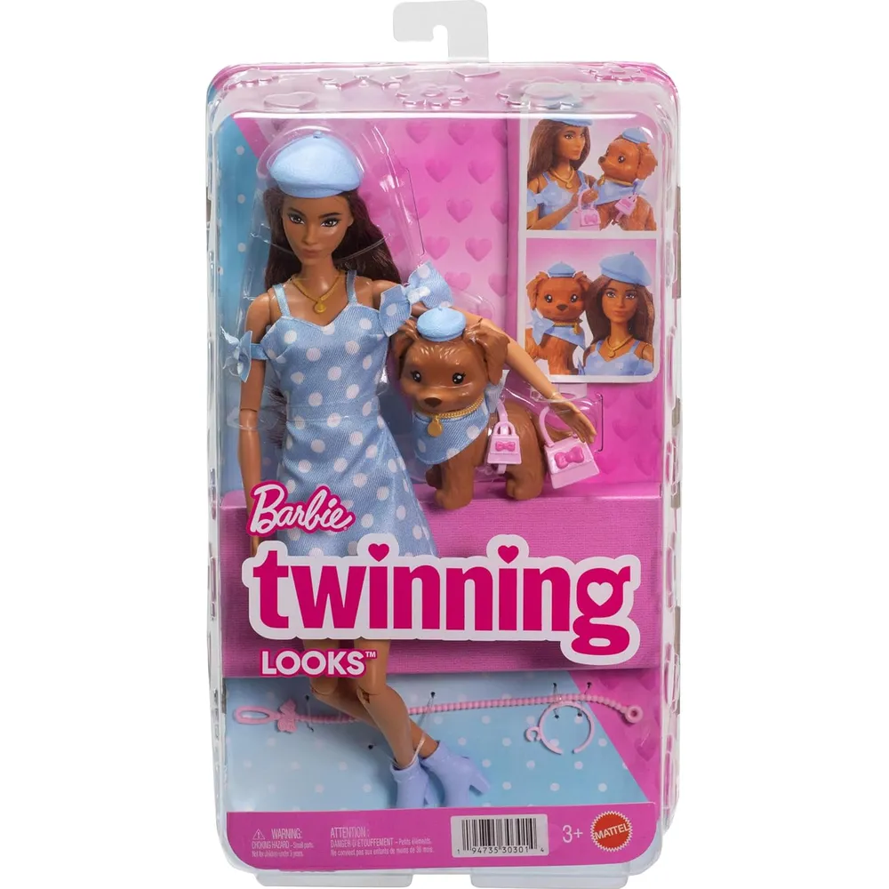 BARBIE MUÑECA GEMELA CON PERRO LUNARES AZULES