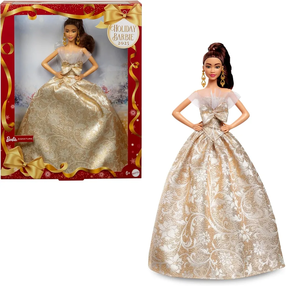 Barbie moda navideña 2025 cabello castaño vestido plateado dorado