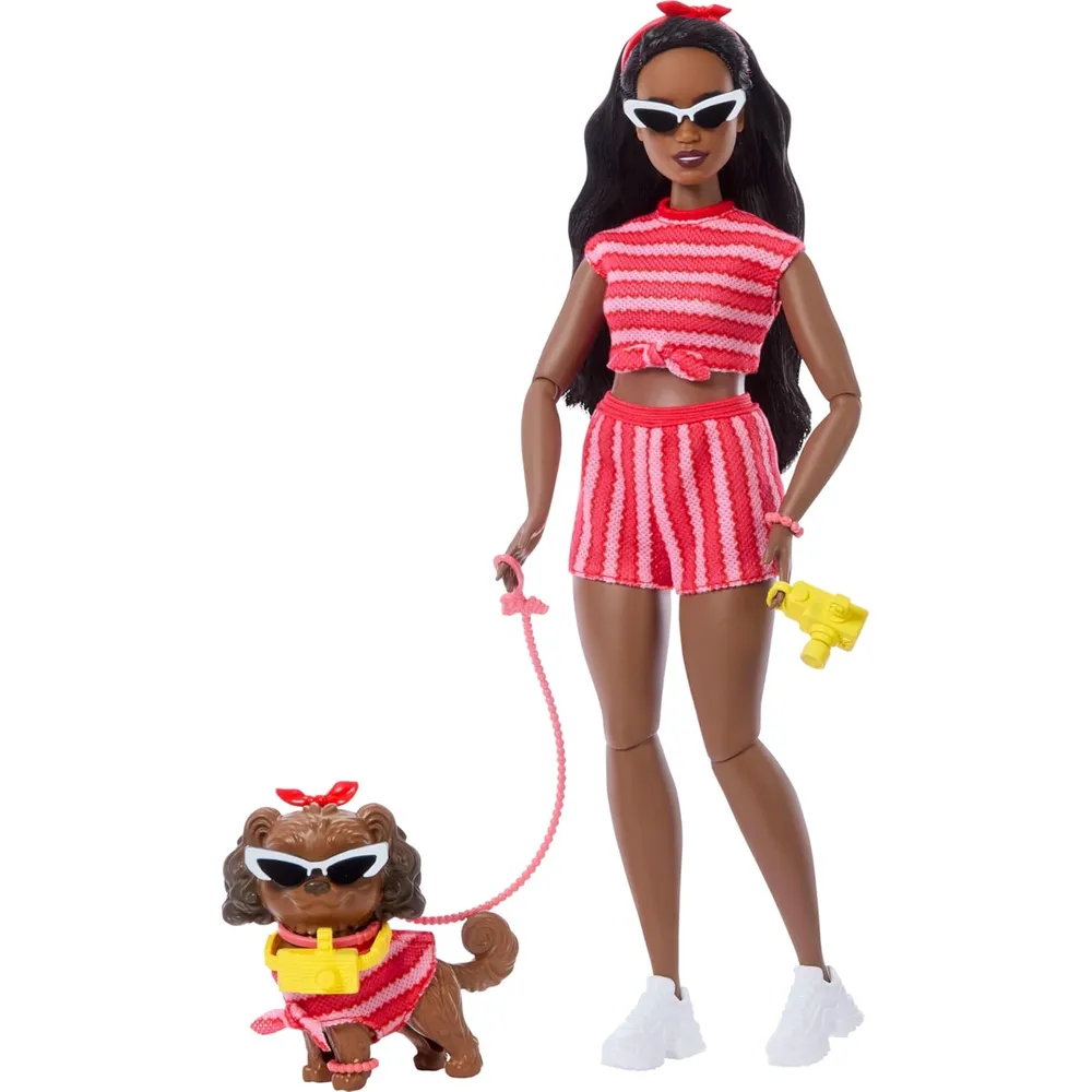 BARBIE MUÑECA GEMELA CON PERRO RAYAS ROJAS