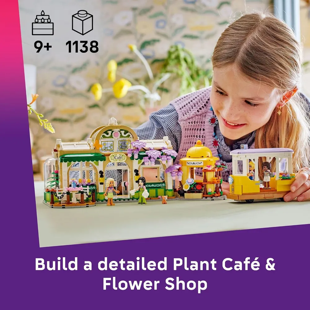 Lego Friends Cafetería y Floristería, construcción con minimuñecas y gato