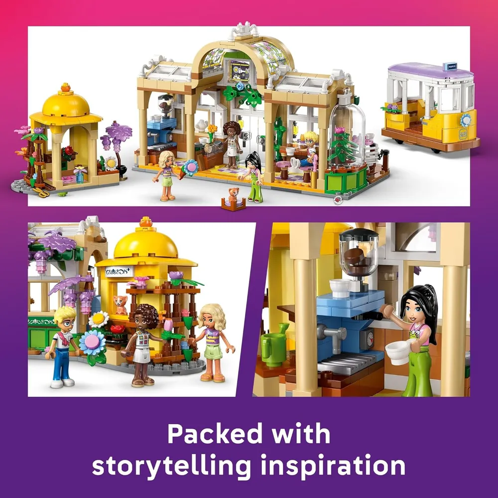 Lego Friends Cafetería y Floristería, construcción con minimuñecas y gato