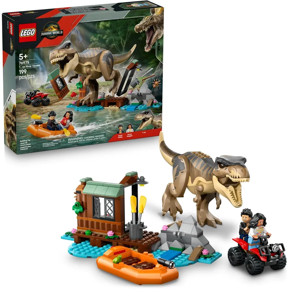 LEGO JURASSIC WORLD T. REX ESCAPE DEL RÍO CON BARCO Y MINIFIGURAS