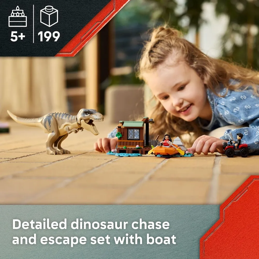 LEGO JURASSIC WORLD T. REX ESCAPE DEL RÍO CON BARCO Y MINIFIGURAS