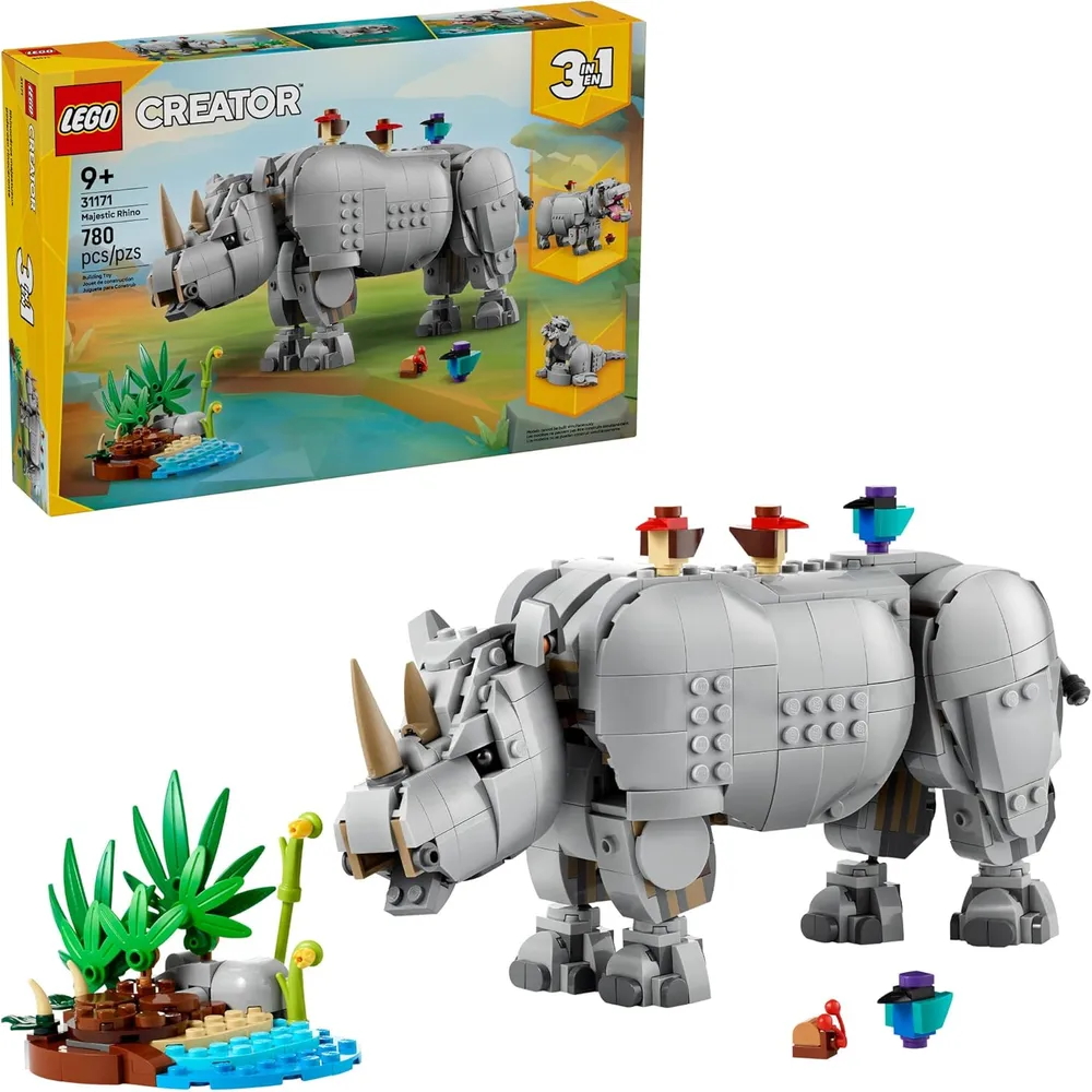 Lego Creator 3 en 1 Animales salvajes, rinoceronte con pájaros