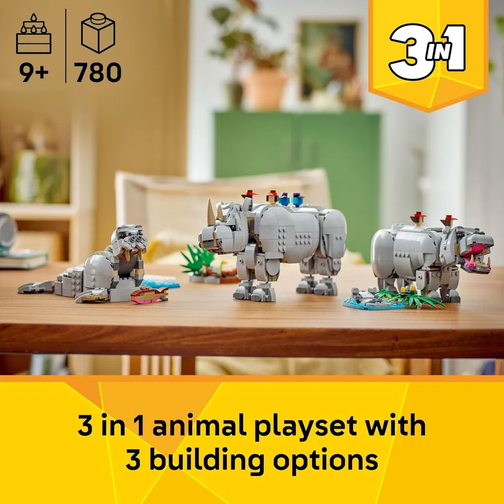Lego Creator 3 en 1 Animales salvajes, rinoceronte con pájaros