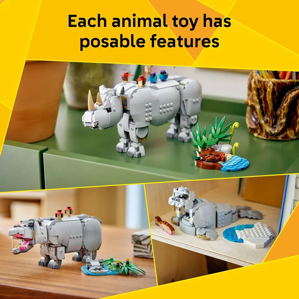 Lego Creator 3 en 1 Animales salvajes, rinoceronte con pájaros
