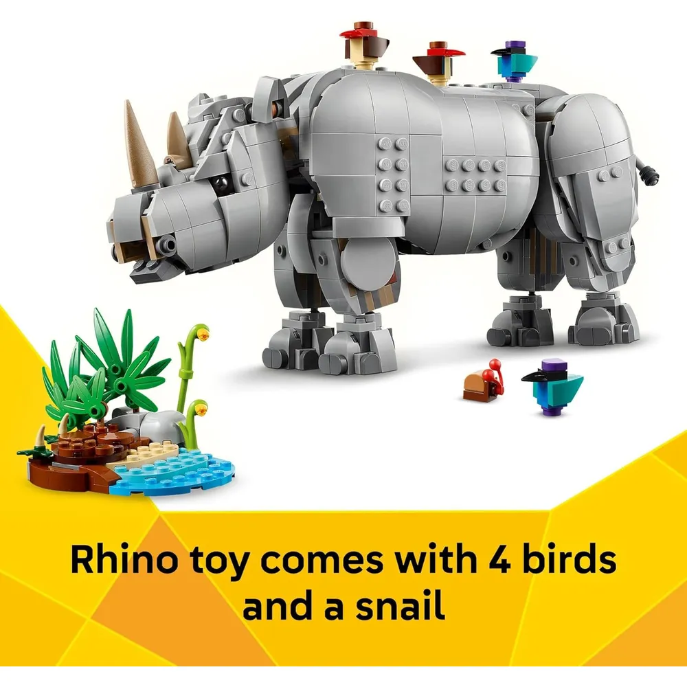 Lego Creator 3 en 1 Animales salvajes, rinoceronte con pájaros