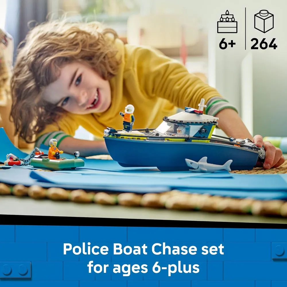 Lego City persecución policial en lancha, construcción y juego de simulación