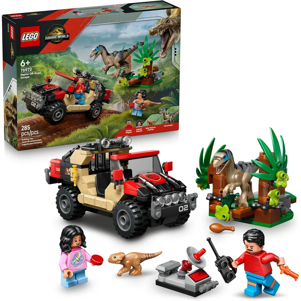 Lego Jurassic World Raptor Escape Todoterreno, set con figuras de dinosaurios