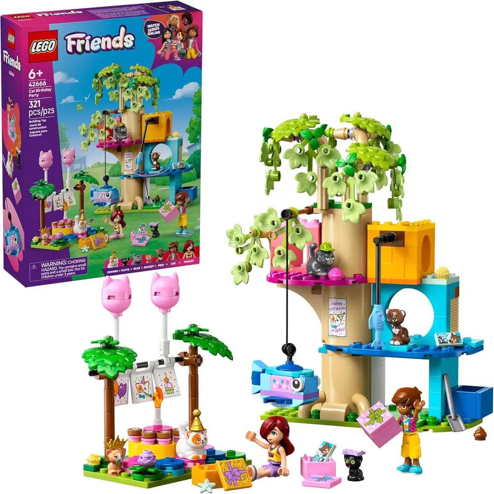 Lego Friends Fiesta de gatos y casa del árbol, construcción con minimuñecas
