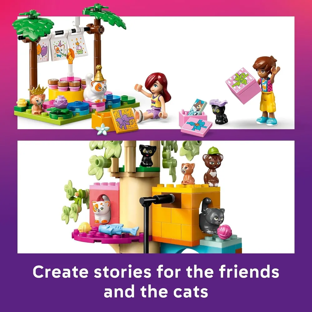 Lego Friends Fiesta de gatos y casa del árbol, construcción con minimuñecas
