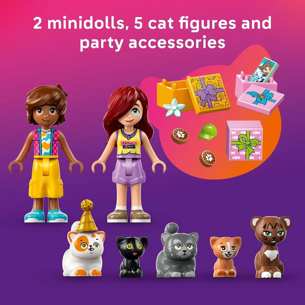 Lego Friends Fiesta de gatos y casa del árbol, construcción con minimuñecas