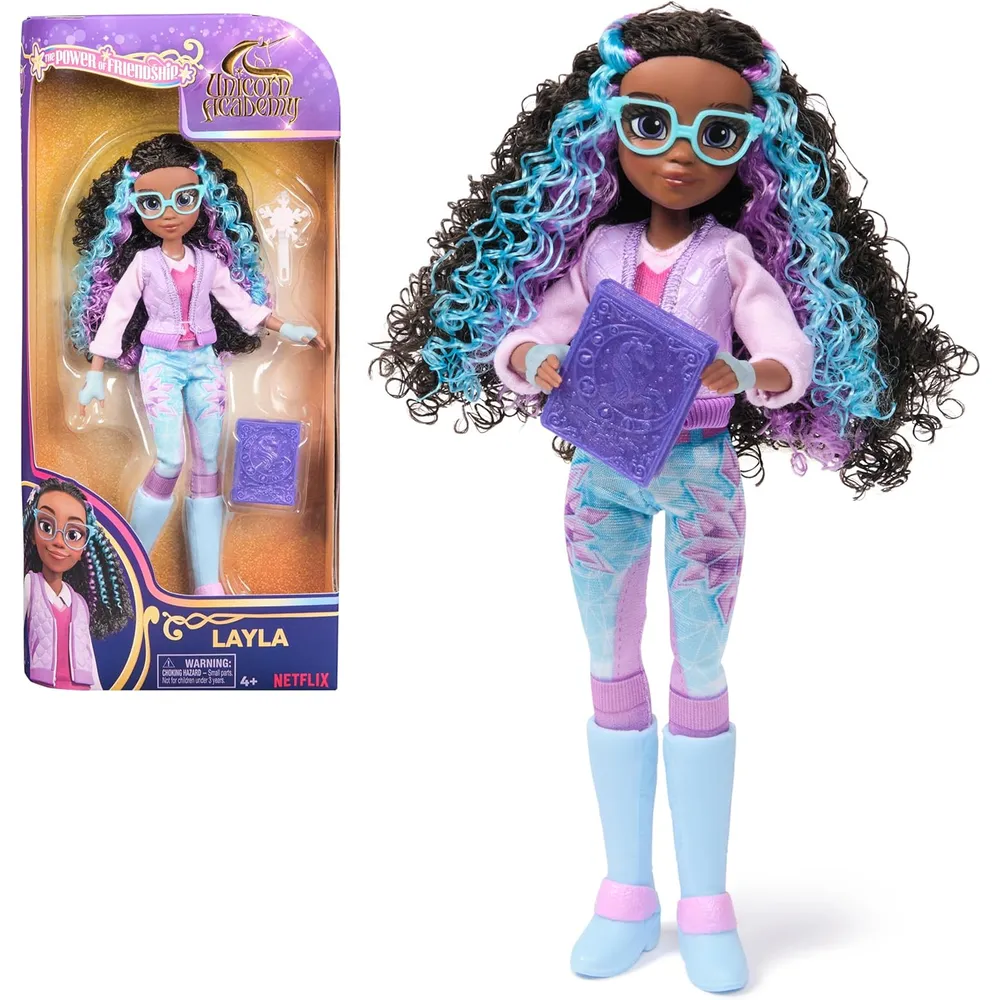Academia de Unicornios Muñeca Layla 9.5" / 24 cm con Libro y 5 Conjuntos de Moda