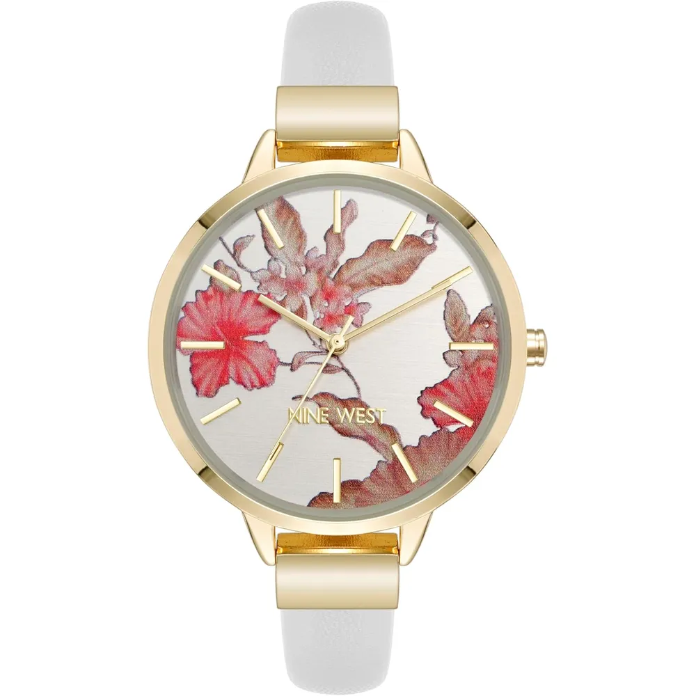 Nine West NW-2044FLBY reloj con esfera decorada y correa lisa para mujer | 38 mm - Blanco/Dorado