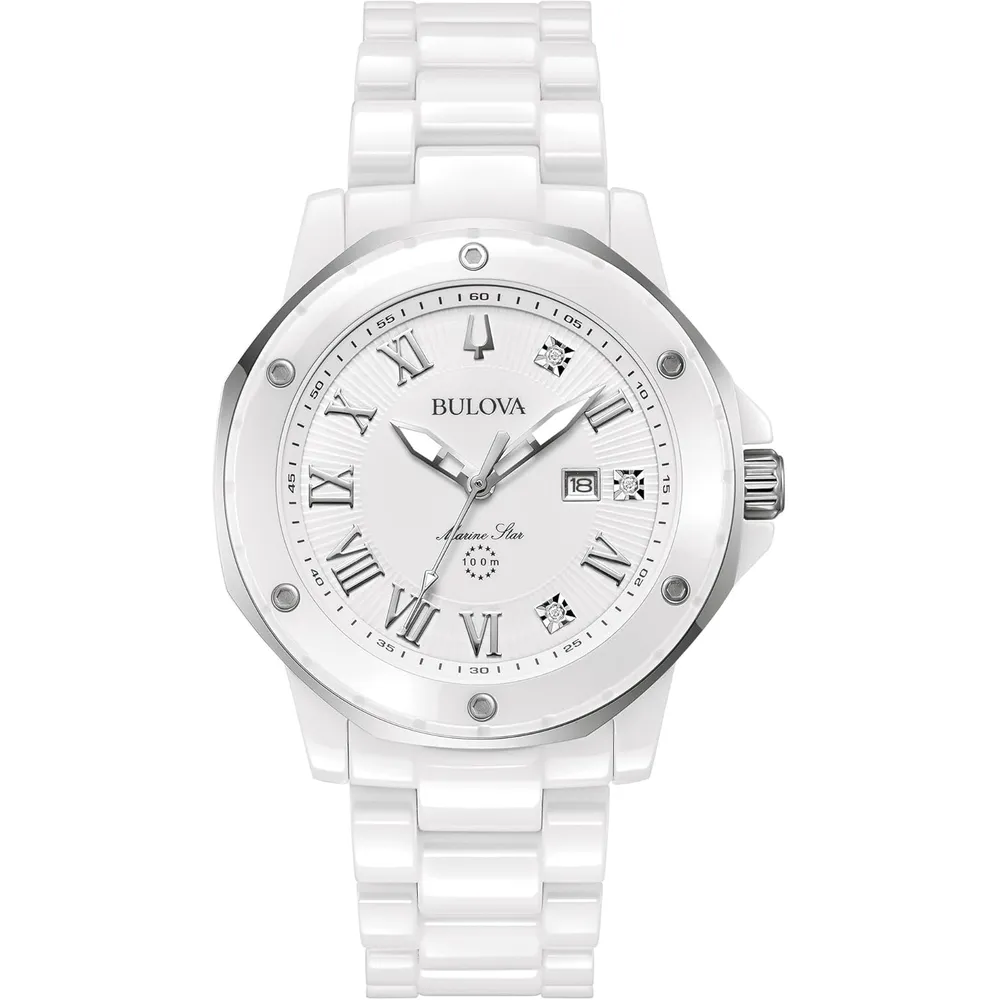 Bulova reloj Marc Anthony Marine Star mujer cuarzo 3 agujas cerámica acero | Blanco