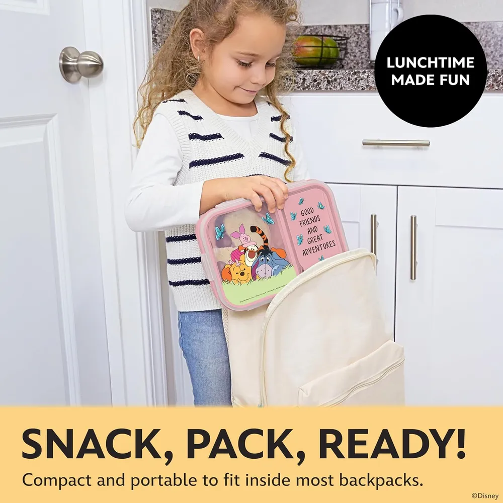 Winnie Pooh y amigos | Caja de Bento con compartimentos divididos y tenedor de Disney | Rosa