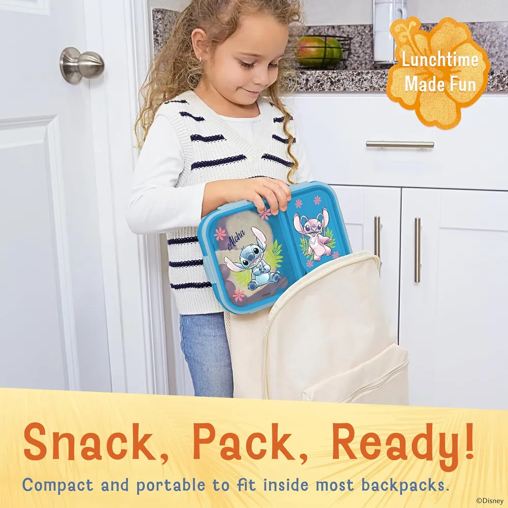 Lilo & Stitch | Caja de Bento con compartimentos divididos y tenedor de Disney | Stitch y Angela